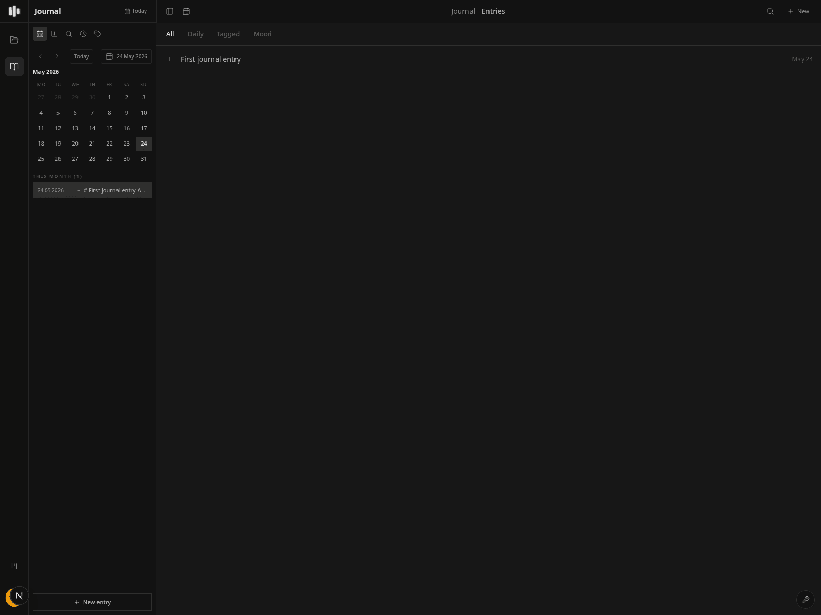 Skriuw journal view with daily entries and workspace navigation