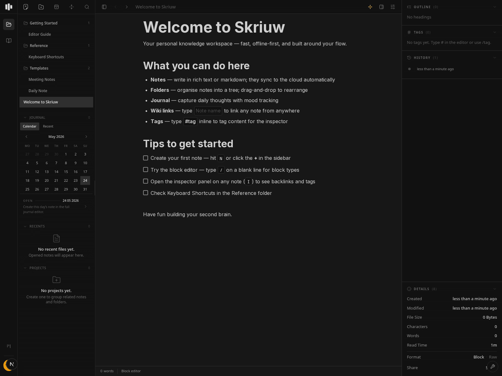 Skriuw app workspace with editor, note tree, and navigation rail