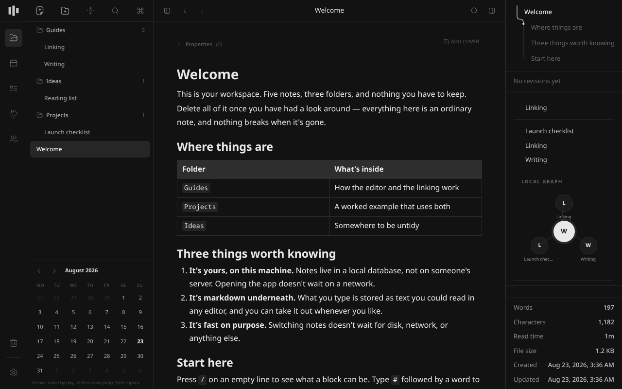 Skriuw editing a note with Markdown shortcuts, tags, wikilinks, raw source, and keyboard navigation