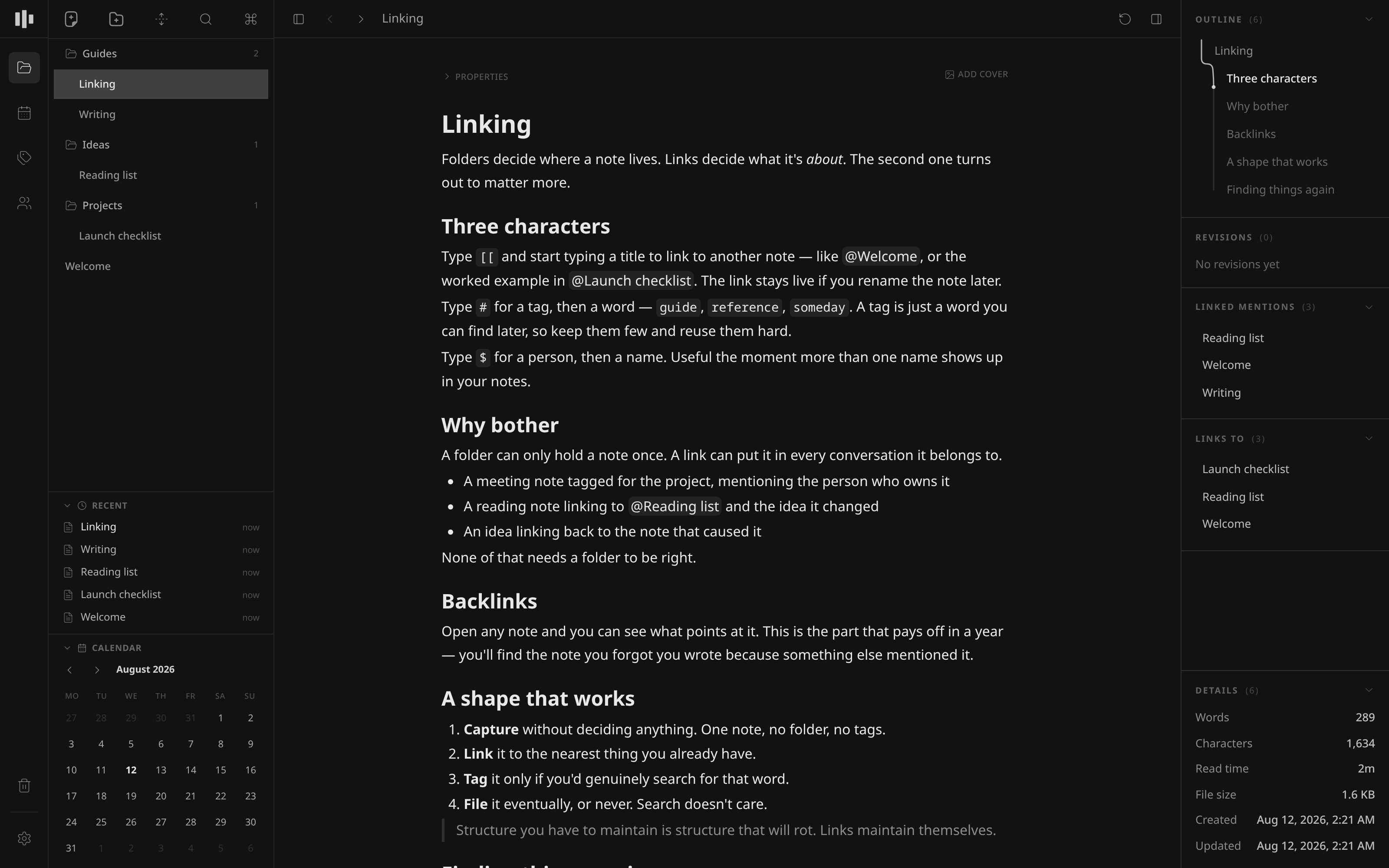 Skriuw desktop app showing a linked note, workspace tree, calendar, backlinks, and note details